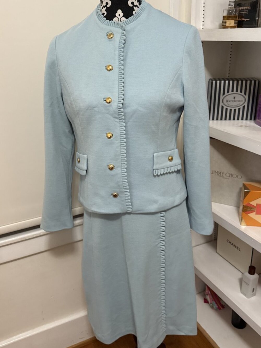 Vintage 60’s Rona New York  Blazer & Small 35 Bust Light Blue Dress Wool? Knit
